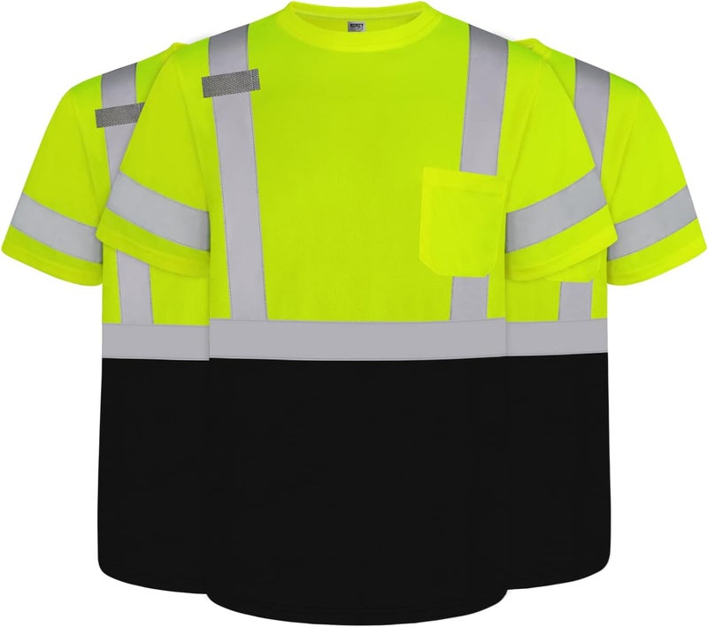 TCCFCCT Reflective Shirts Class 3 High Visibility Shirts for Men, Hi Vis Safety Shirts for Men Women, Short Sleeve Construction Work Shirts with Black Bottom, Durable, DP-Yellow XXL 3PCS - Image 1